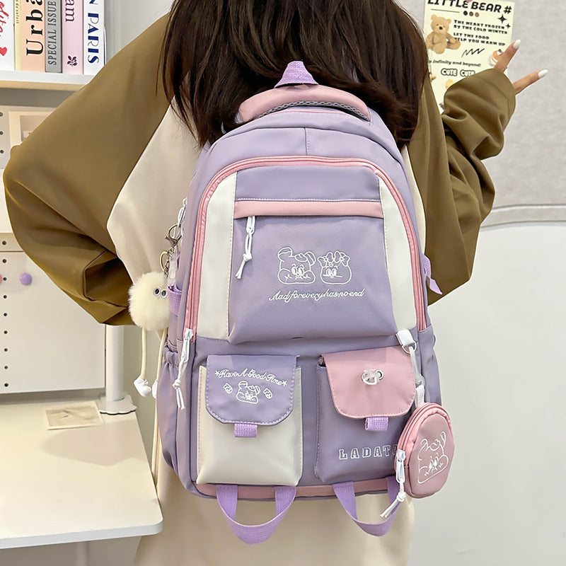 Mochila feminina escolar Multifuncional - Estilo Fofo e Versátil com pingente de grande capacidade impermeável XV-2421