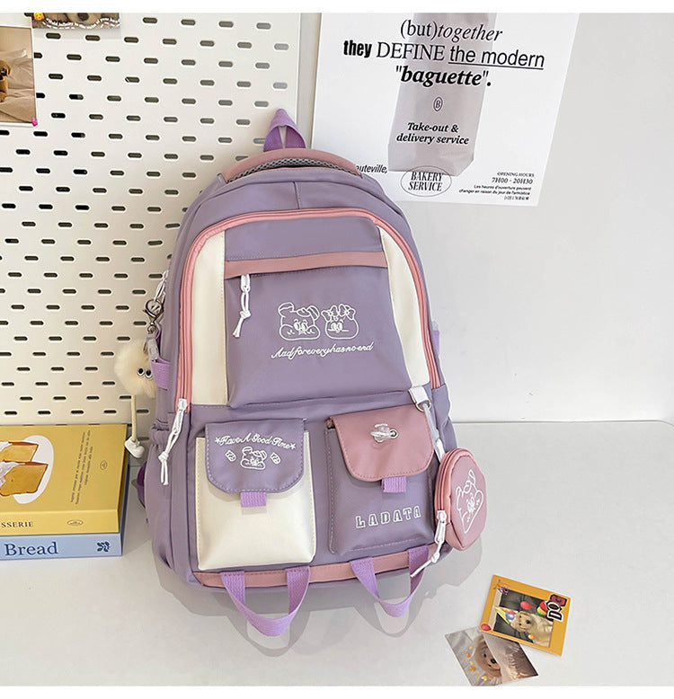 Mochila feminina escolar Multifuncional - Estilo Fofo e Versátil com pingente de grande capacidade impermeável XV-2421