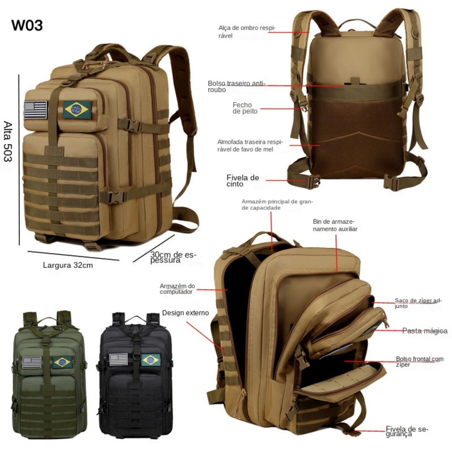 Mochila Tática Camping Militar Multifuncional 50l Impermeavel aventuras ao livre missões táticas XV-5569