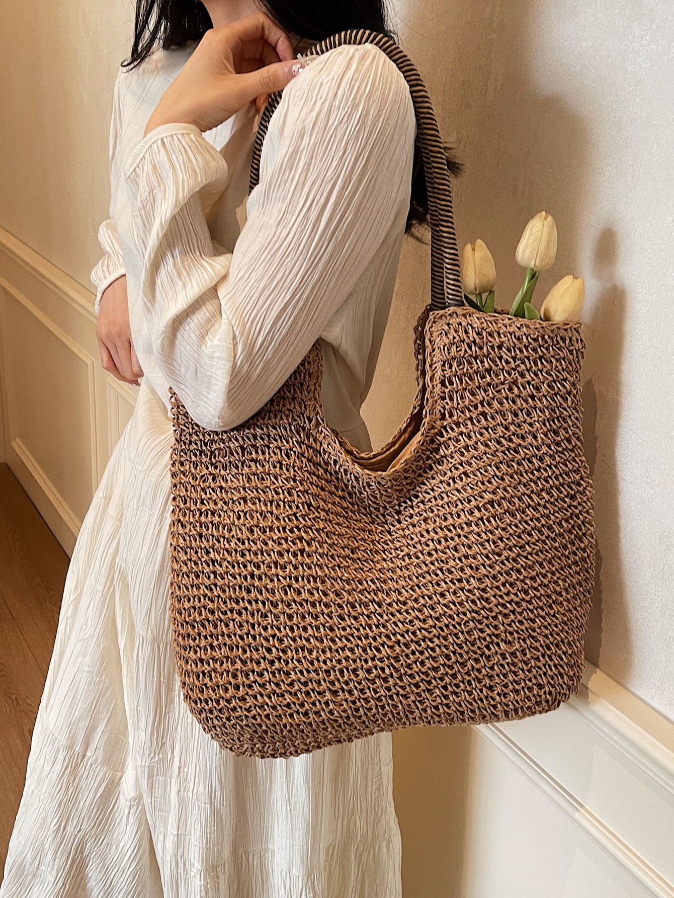 Bolsa feminina de palha Grande saco com Alça ombro Design Rústico