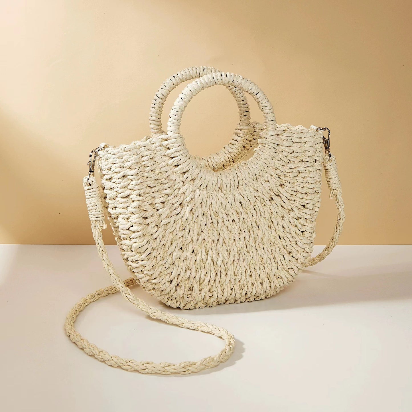 Bolsa feminina de palha pequena com Alça Transversal e Mão lua pequena