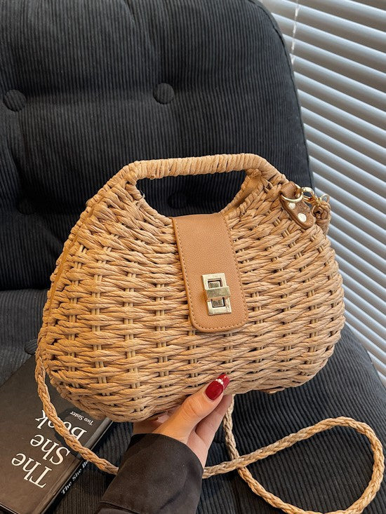 Bolsa feminina de palha Blogueira box com Alça de mao e transversal corrente ombro Design XV-0011