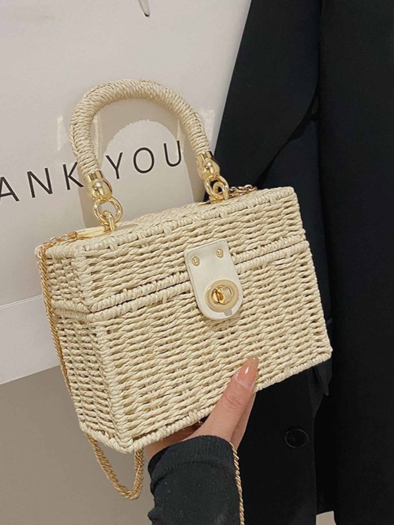 Bolsa feminina de palha Blogueira box com Alça de mao e transversal corrente ombro Design XV-005