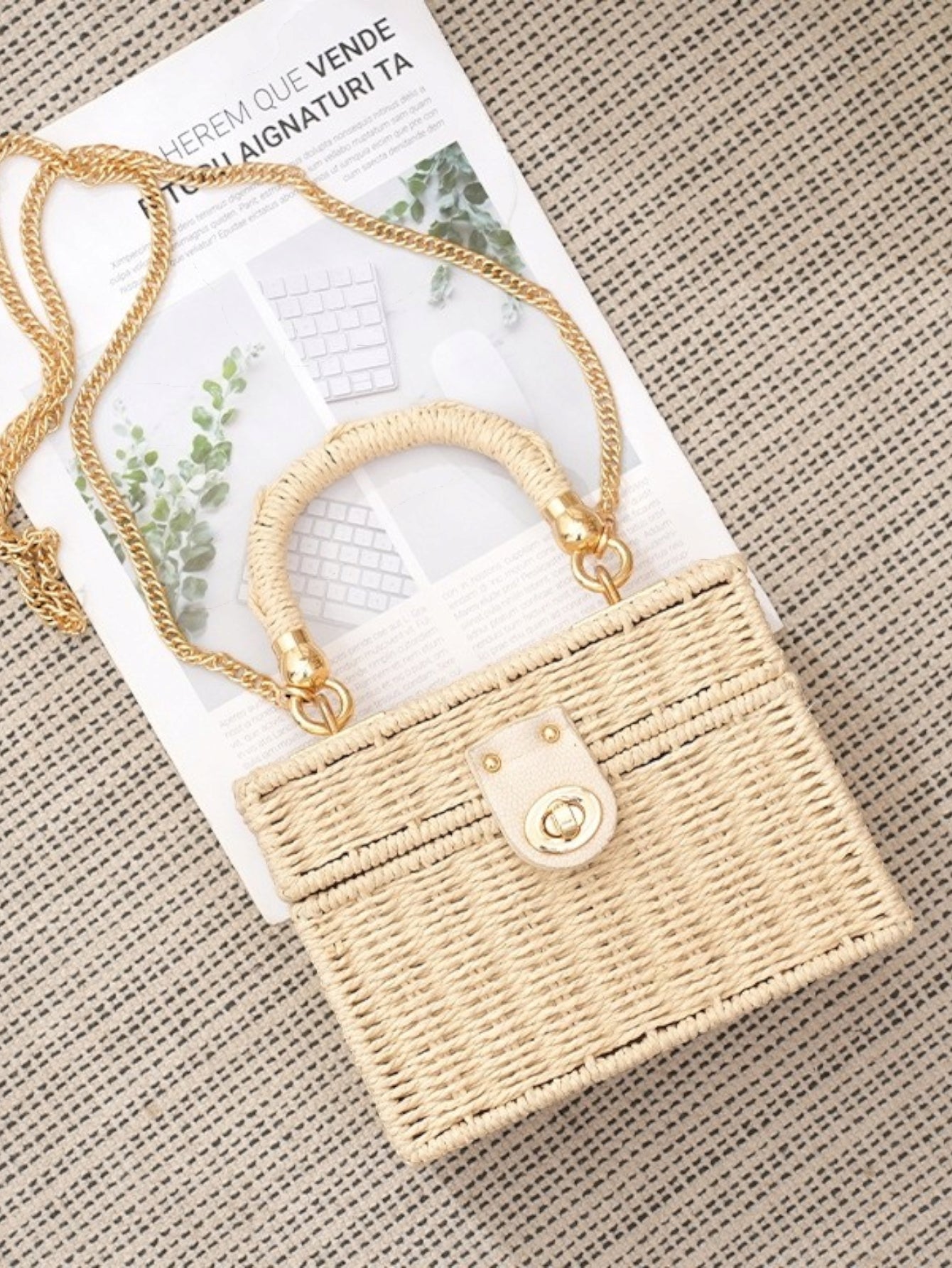 Bolsa feminina de palha Blogueira box com Alça de mao e transversal corrente ombro Design XV-005