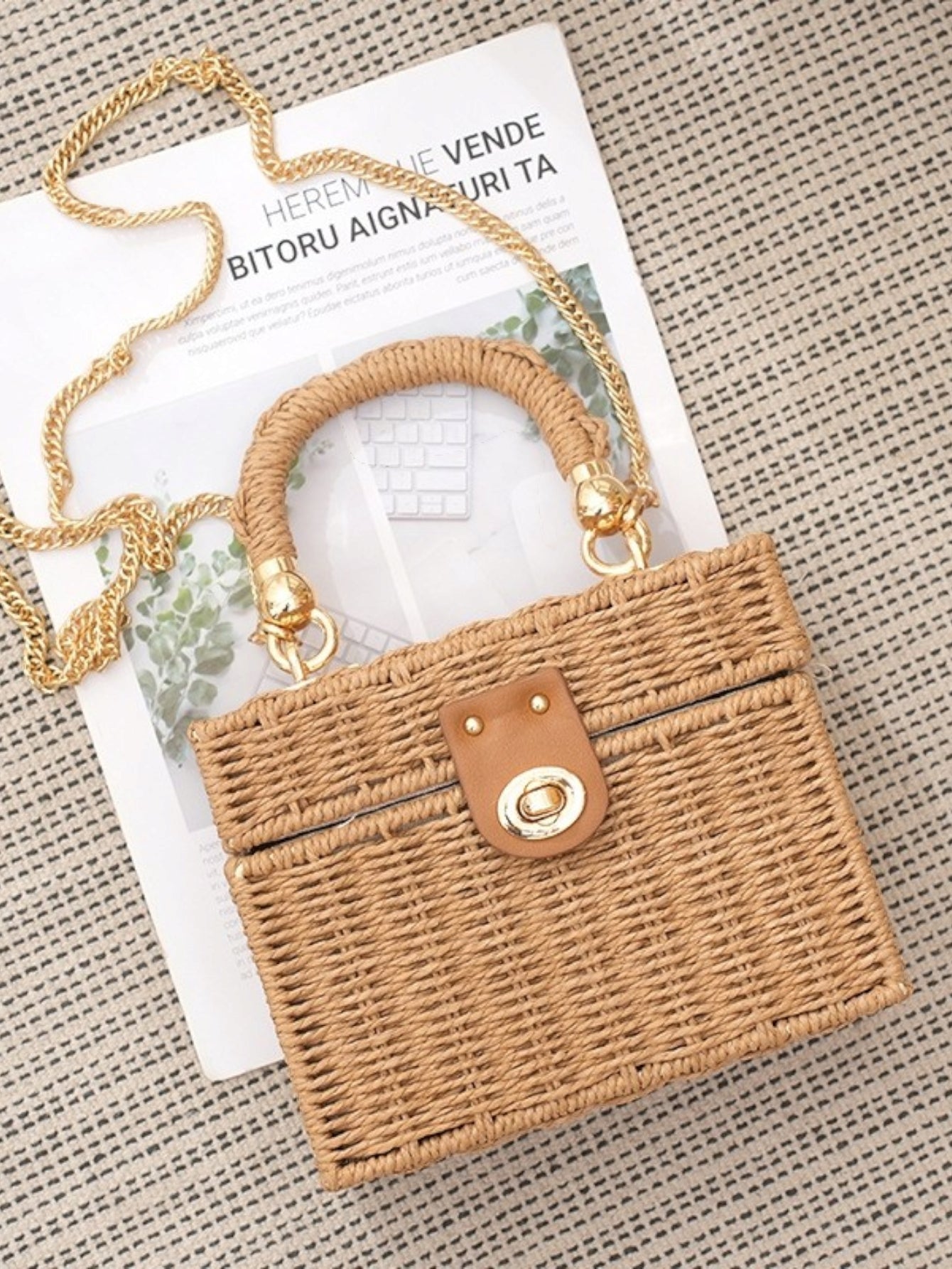 Bolsa feminina de palha Blogueira box com Alça de mao e transversal corrente ombro Design XV-005