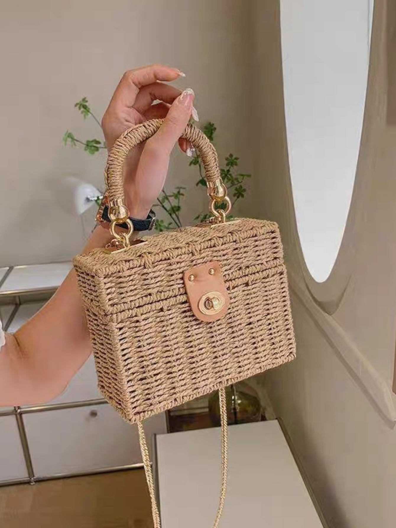 Bolsa feminina de palha Blogueira box com Alça de mao e transversal corrente ombro Design XV-005