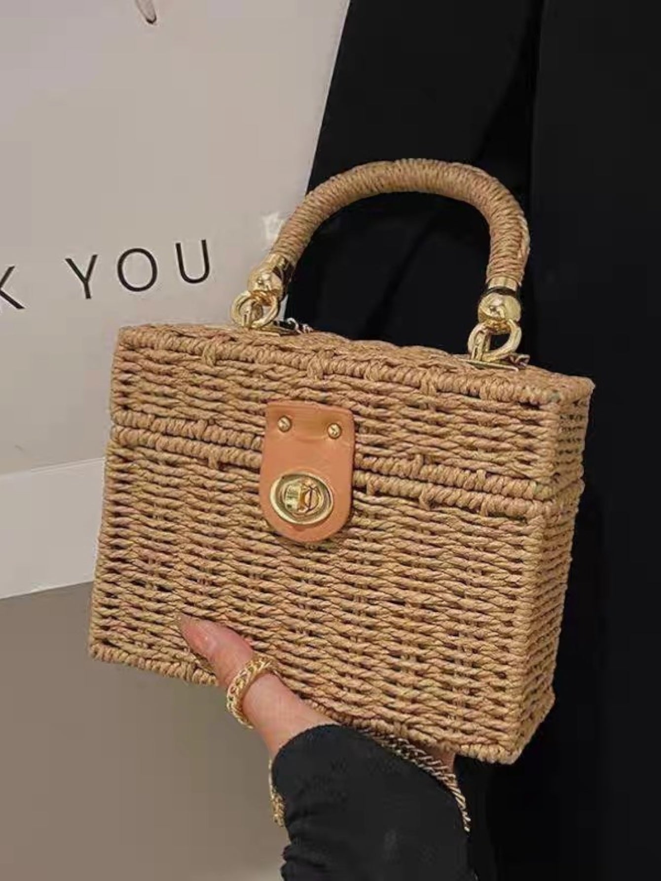 Bolsa feminina de palha Blogueira box com Alça de mao e transversal corrente ombro Design XV-005