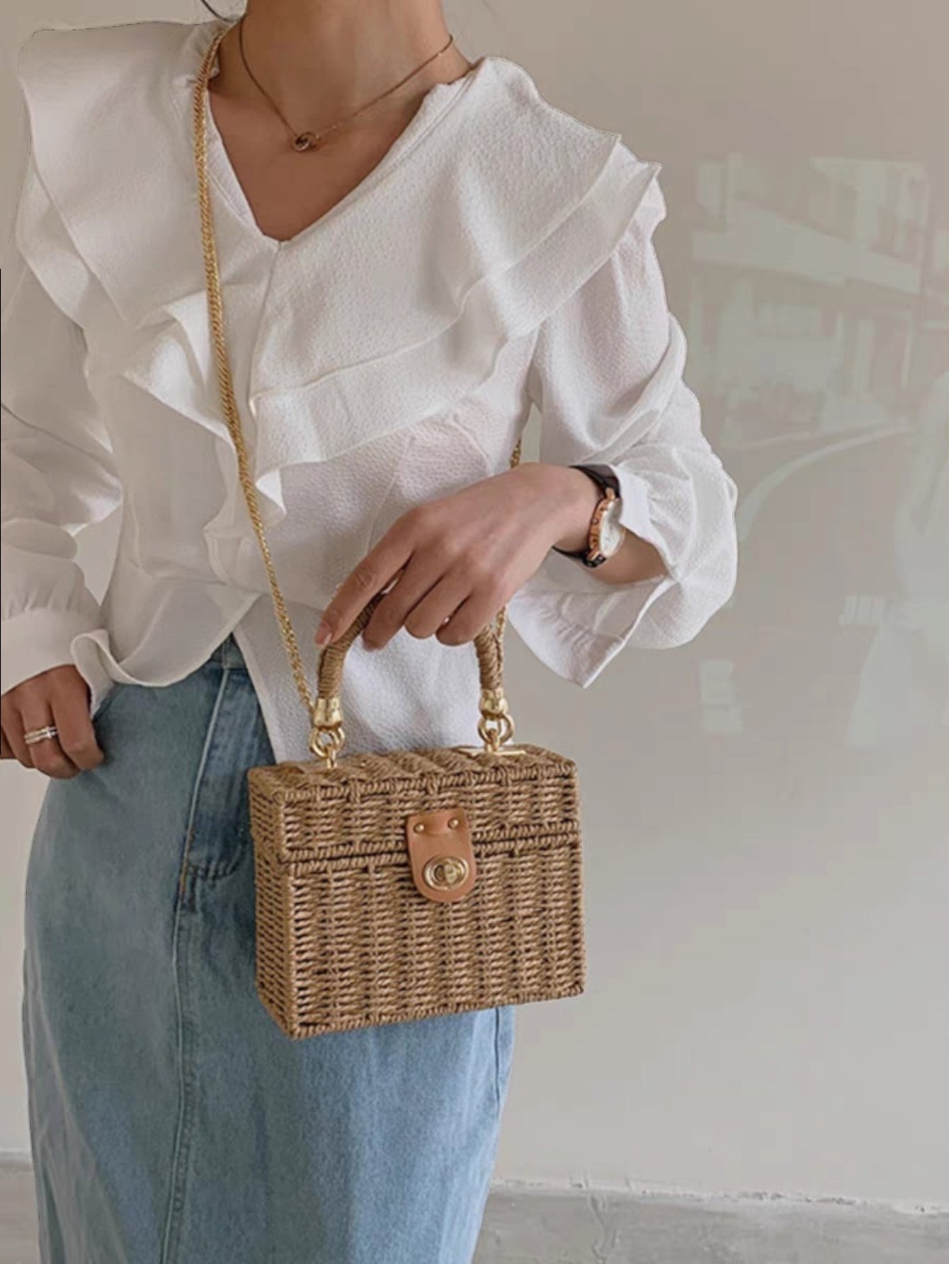 Bolsa feminina de palha Blogueira box com Alça de mao e transversal corrente ombro Design XV-005
