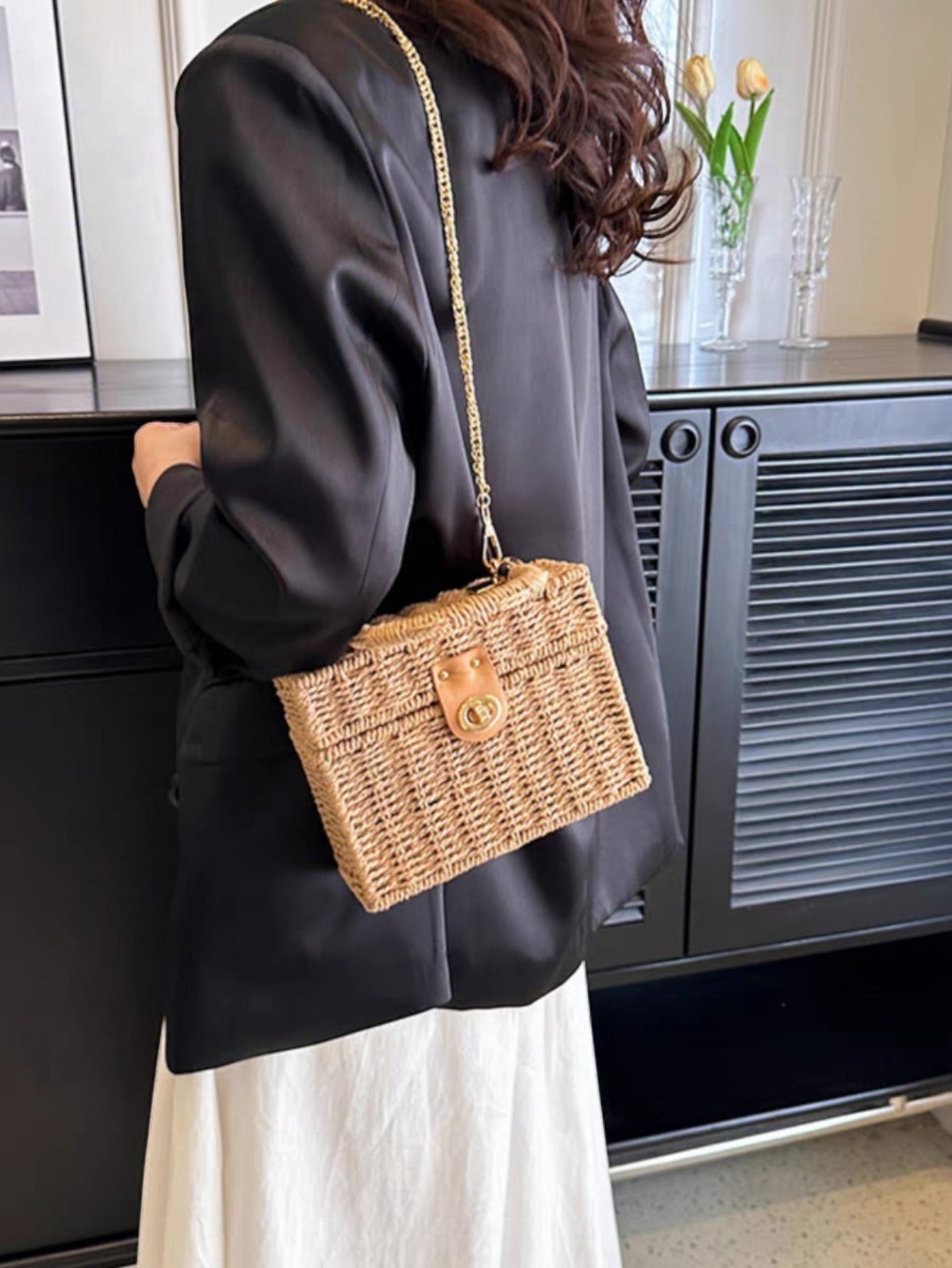 Bolsa feminina de palha Blogueira box com Alça de mao e transversal corrente ombro Design XV-005