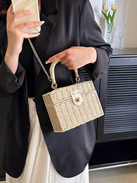 Bolsa feminina de palha Blogueira box com Alça de mao e transversal corrente ombro Design XV-005
