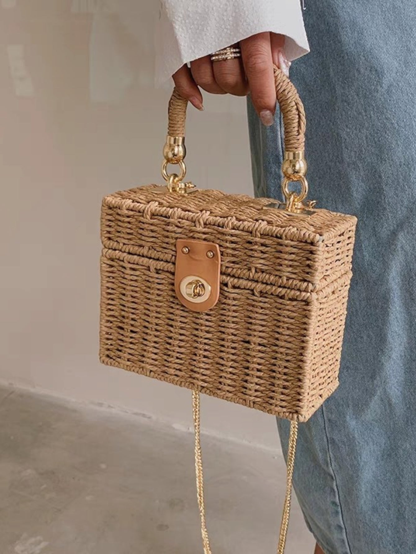 Bolsa feminina de palha Blogueira box com Alça de mao e transversal corrente ombro Design XV-005