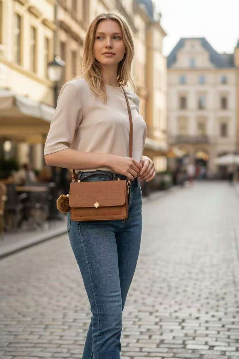 Bolsa Transversal Feminina XV2505 com Carteira e Pompom – Design Elegante em Couro Sintético XV2505