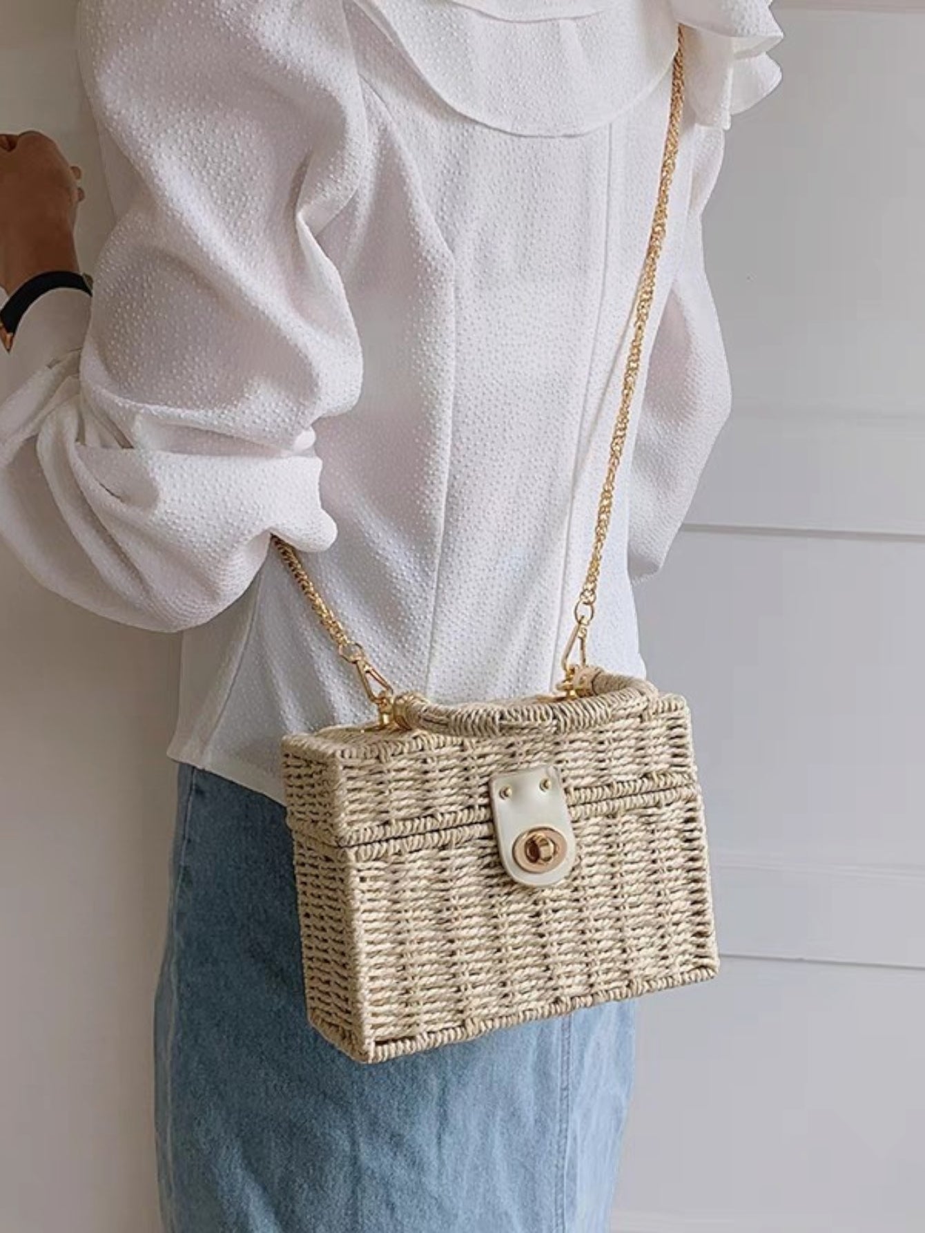 Bolsa feminina de palha Blogueira box com Alça de mao e transversal corrente ombro Design XV-005