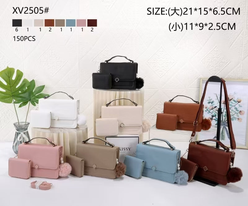 Bolsa Transversal Feminina XV2505 com Carteira e Pompom – Design Elegante em Couro Sintético XV2505